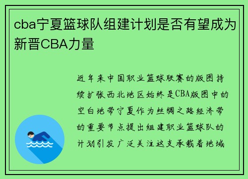 cba宁夏篮球队组建计划是否有望成为新晋CBA力量