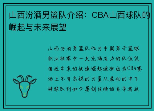 山西汾酒男篮队介绍：CBA山西球队的崛起与未来展望