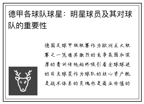 德甲各球队球星：明星球员及其对球队的重要性